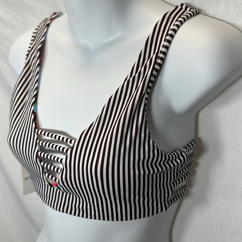 Body Glove Women's Tropical Floral Bikini Top / Maroon & White Strip Reversible